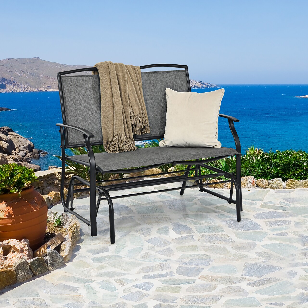 Costway Patio Glider Rocking Bench Double 2 Person Chair Loveseat Garden Grey\Black